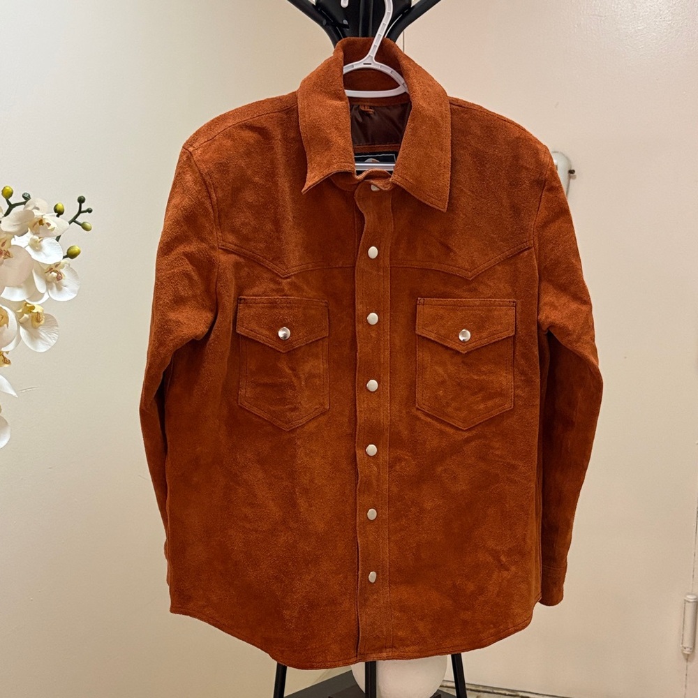 Men's Suede Button-Up Jacket in Rust size M